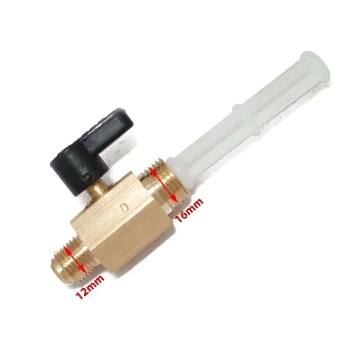 Brass fuel tap switch with black lever and marked 12mm and 16mm sections