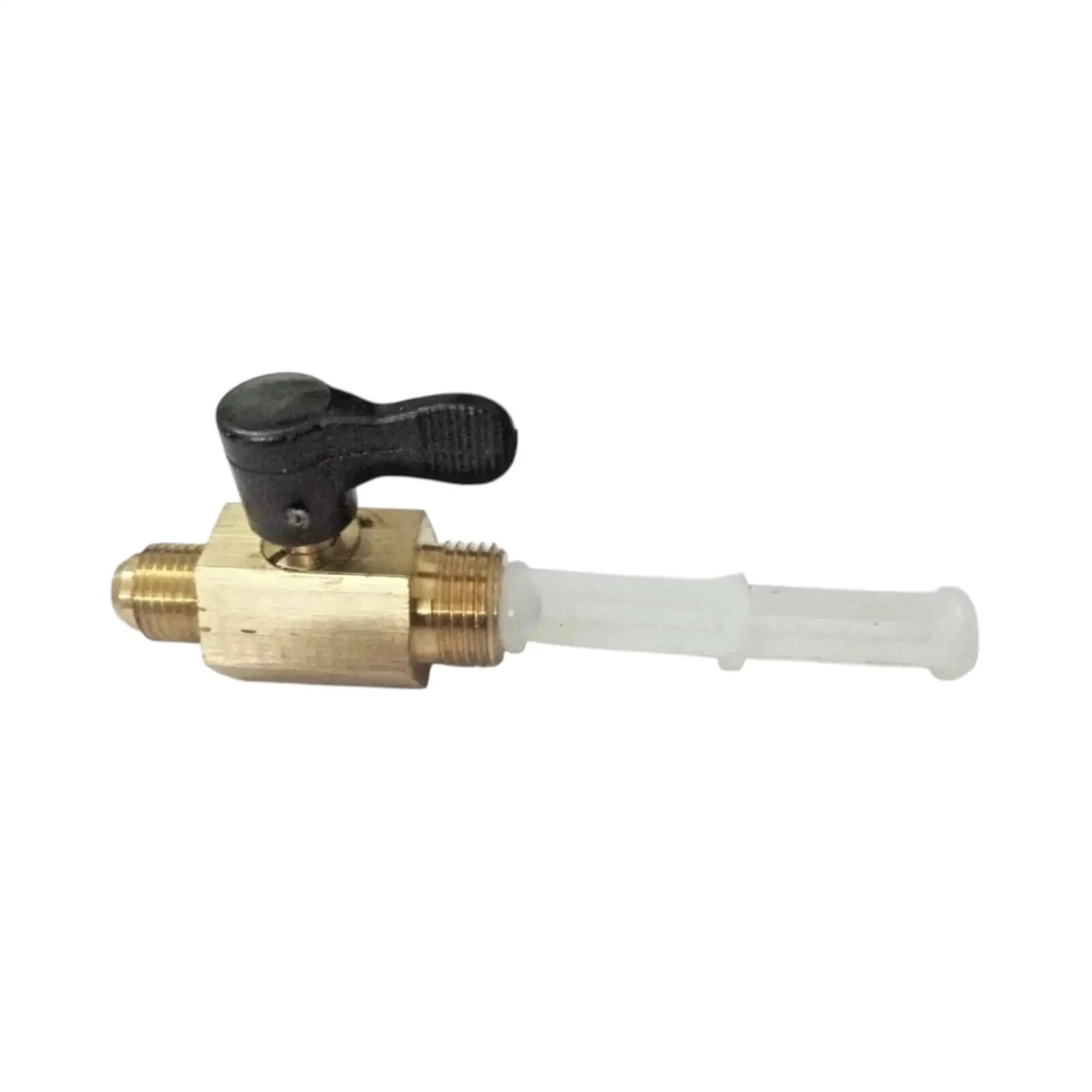 Brass fuel tap switch with black lever and white outlet tube