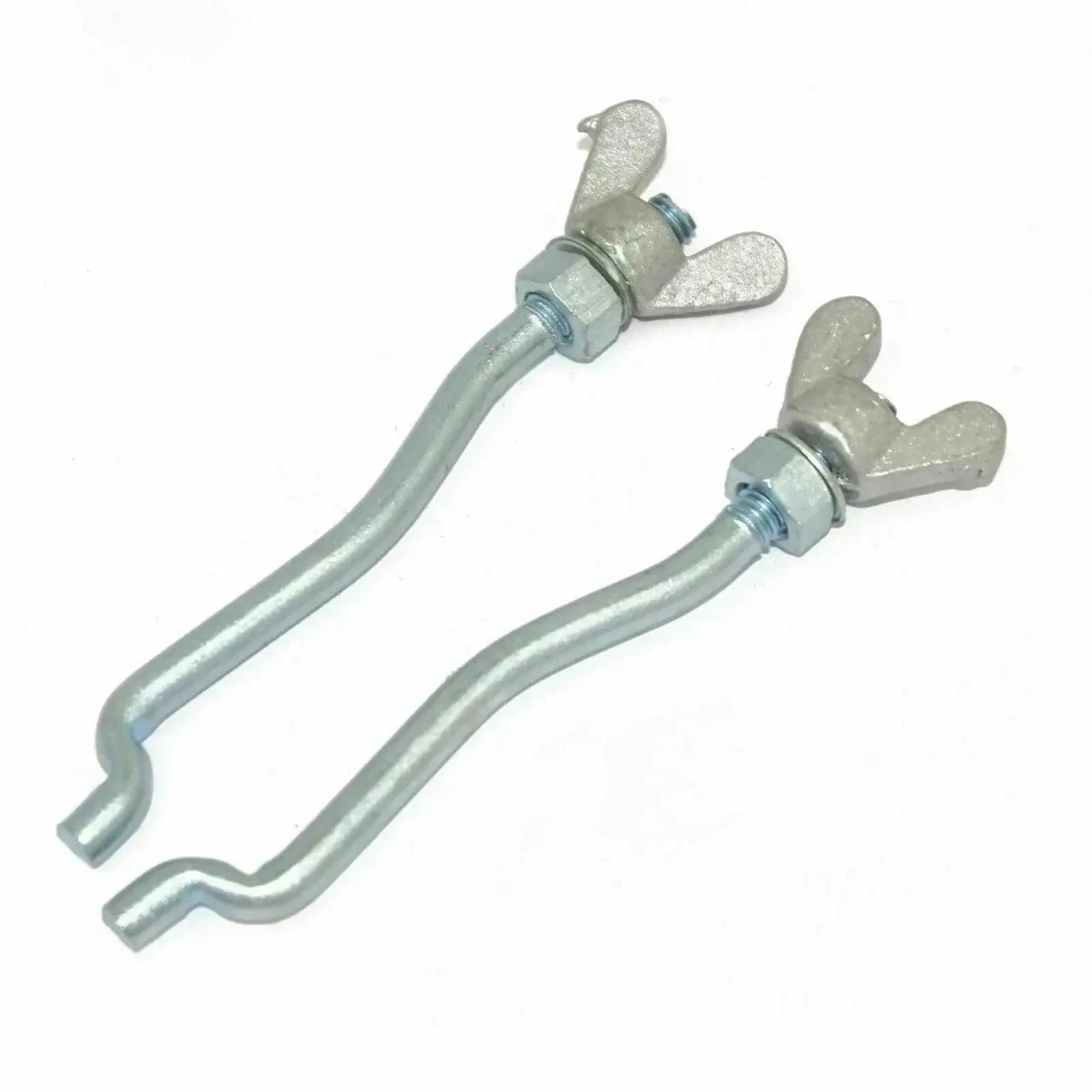 Metal hood latch rod set with two curved rods and spring clips