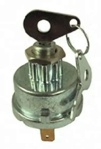 Ignition switch with metal housing, round knob, and two keys on keyring.