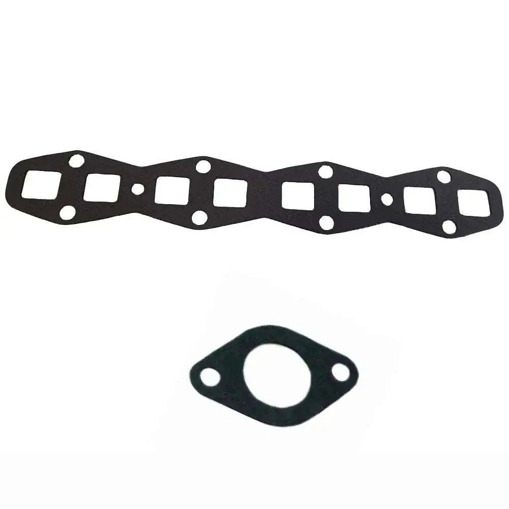 Black manifold gasket set with multiple bolt holes and a small square gasket with round port