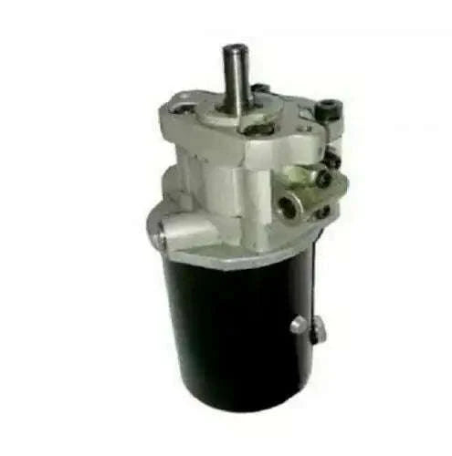 Hydraulic power steering pump with dark cylindrical reservoir and metal top ports