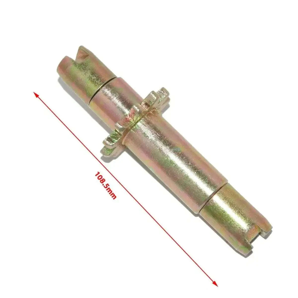 Tractor brake adjuster tool, cylindrical metal part with threaded end and mounting clip