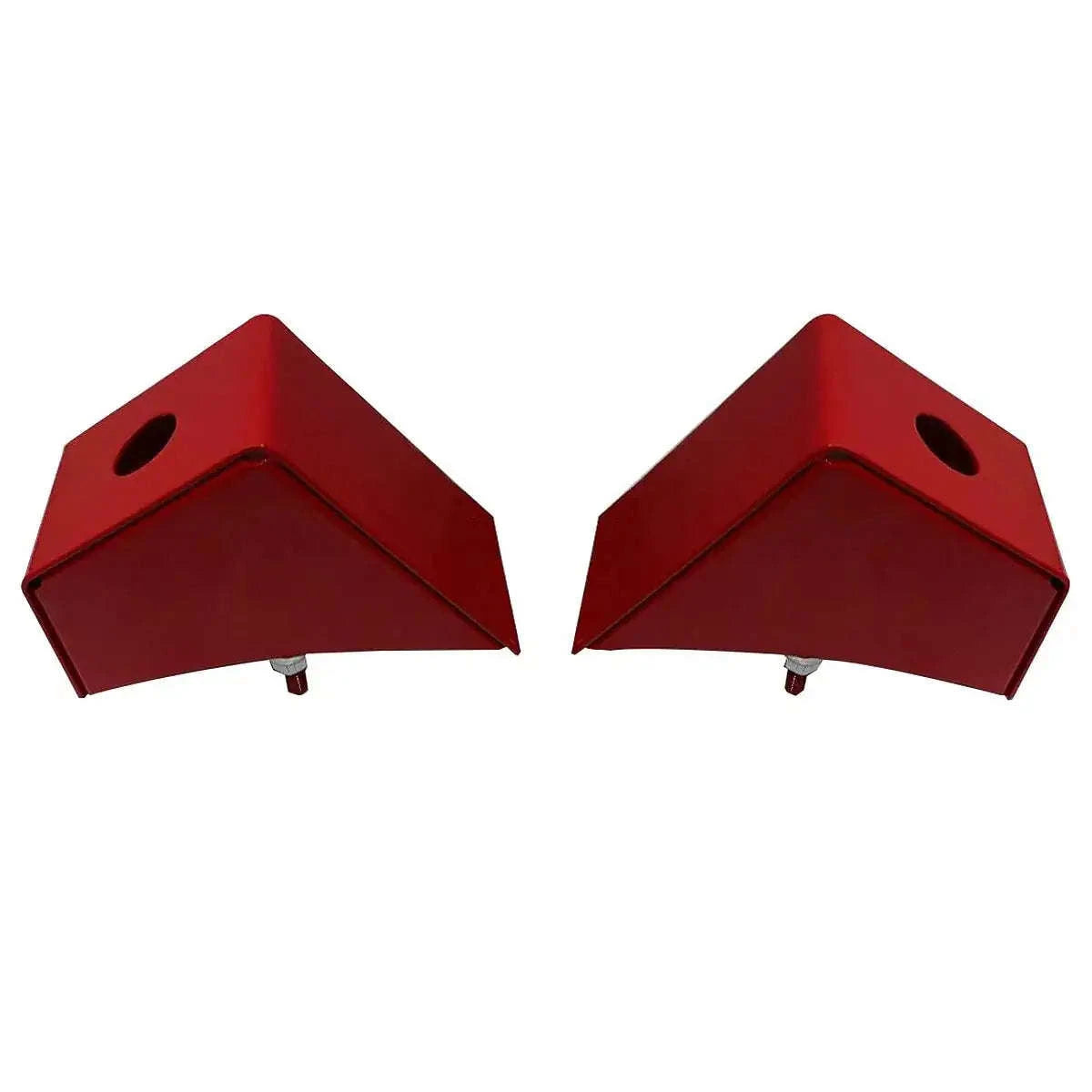 Pair of red tractor side lamp brackets with mounting holes and studs