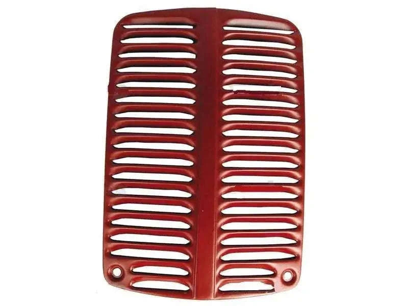 Red tractor front grille panel with horizontal slats and mounting holes