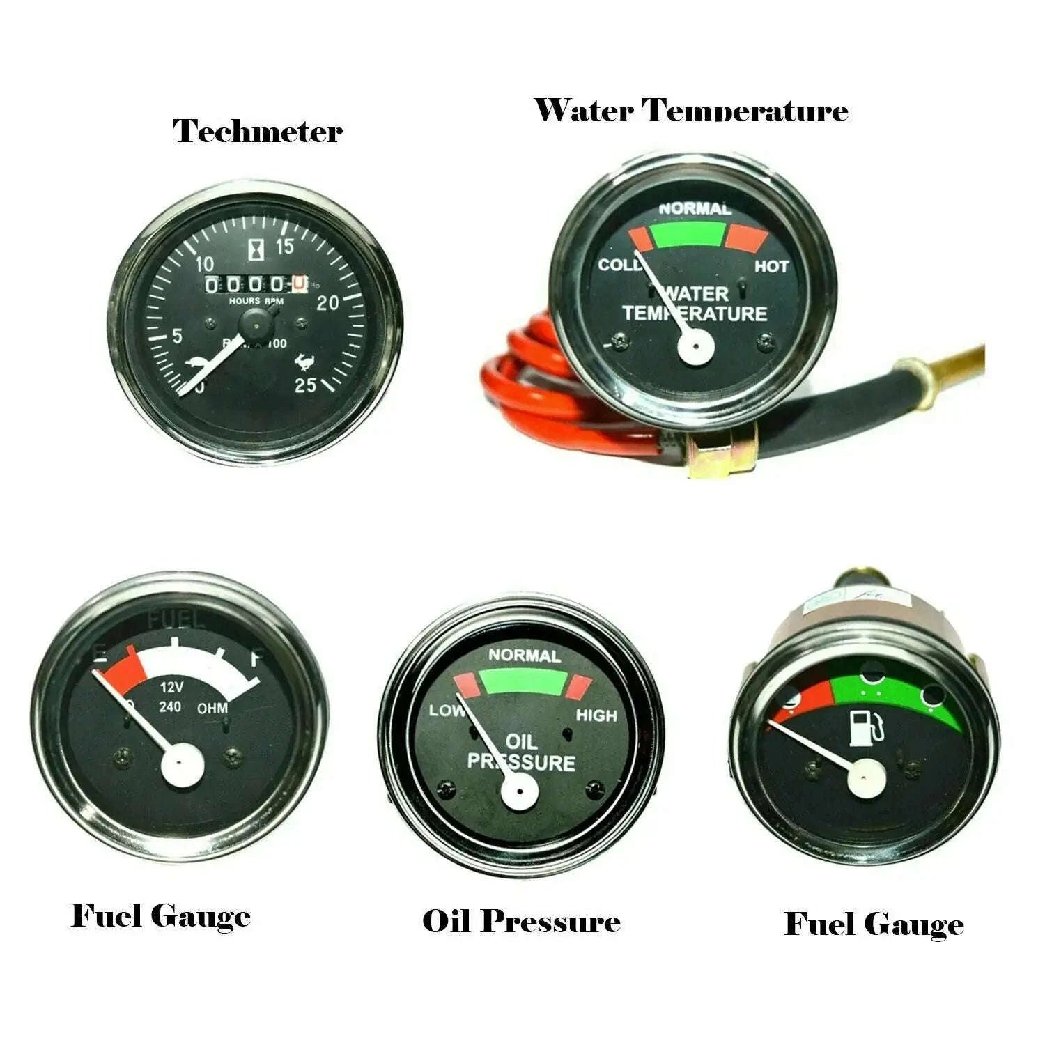 Tractor gauge set with fuel, oil pressure, and water temperature dials, green face
