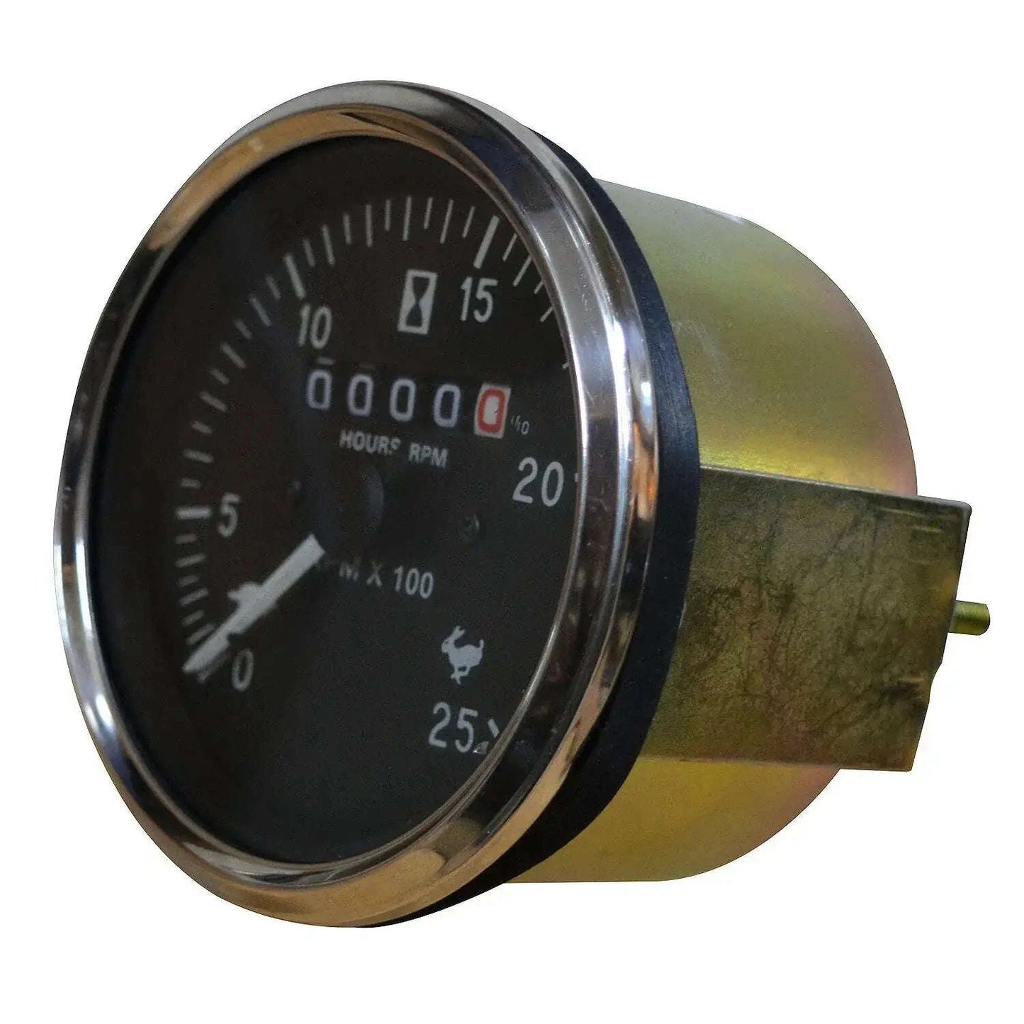 Tractor tachometer gauge with black face, RPM scale, and indicator needle