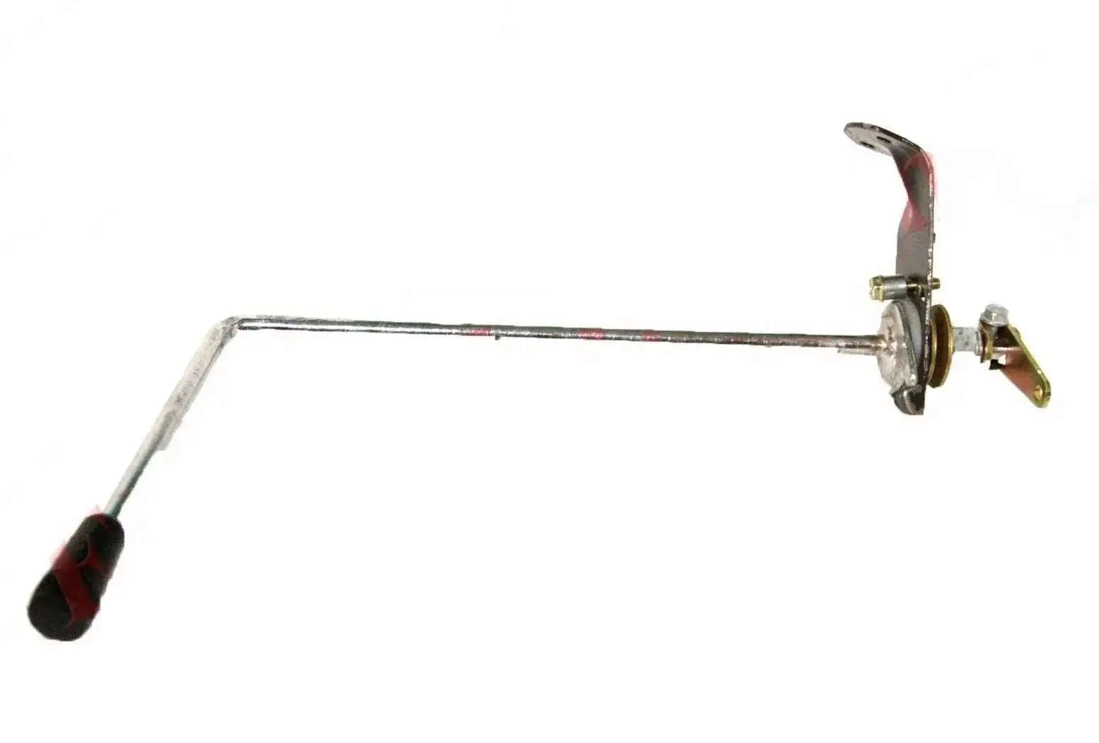 Tractor throttle control lever with metal rod, rubber grip, and mounting bracket