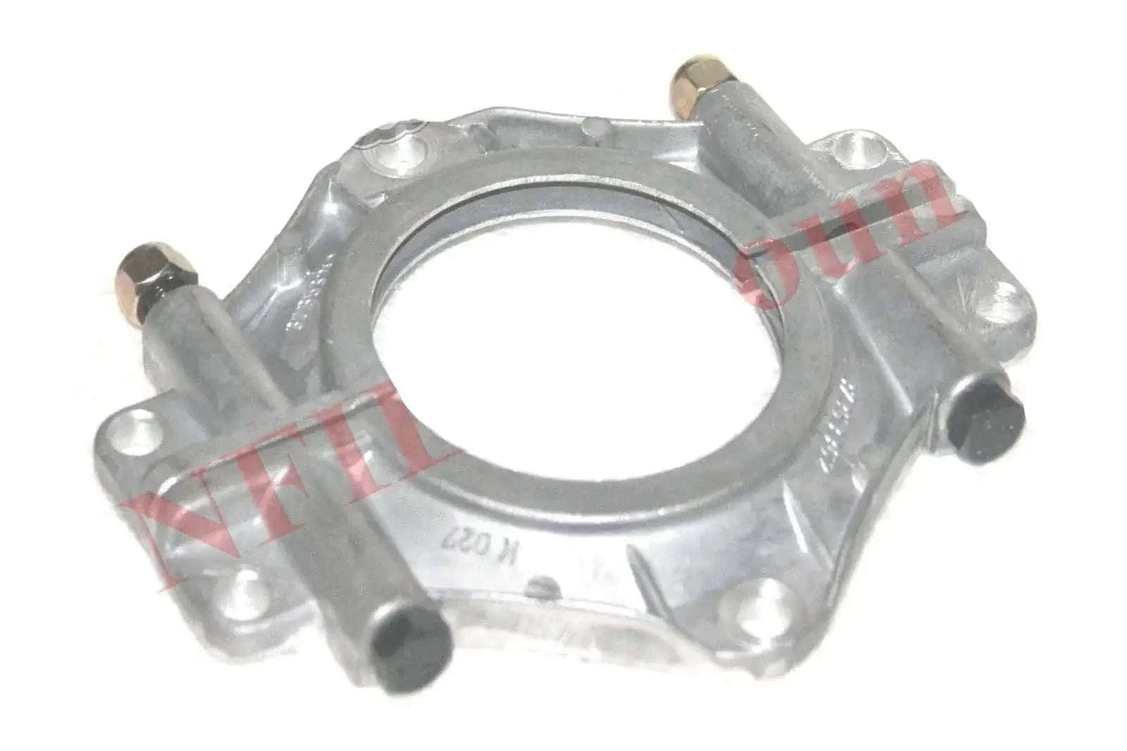 Metal tractor rear main housing cover with circular opening and mounting bolts