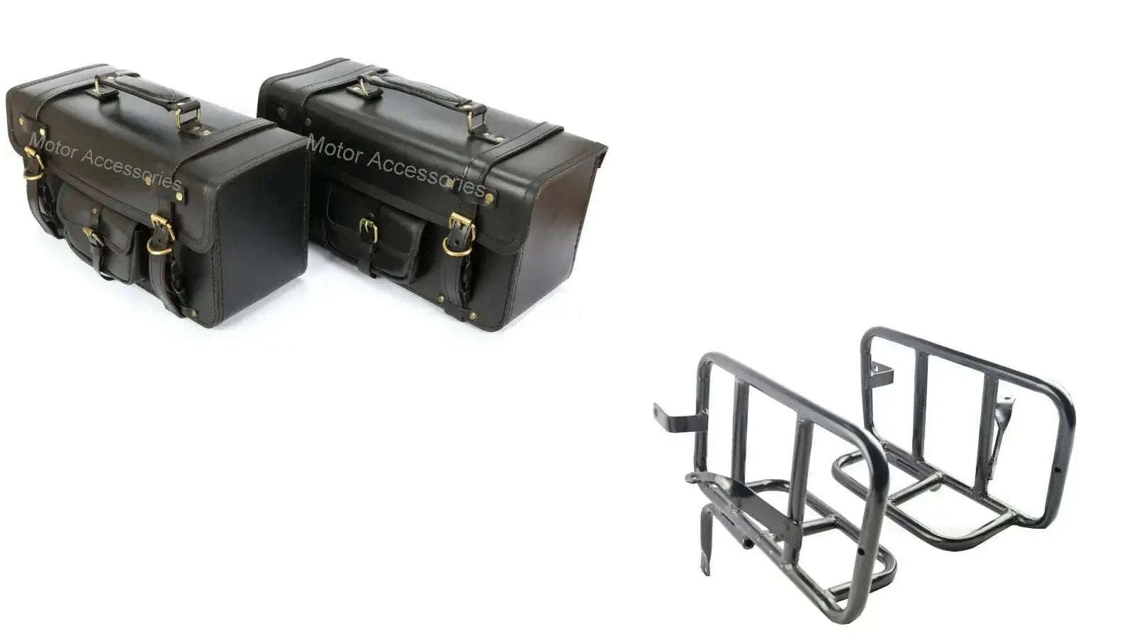 FIT FOR Royal Enfield Interceptor 650 Pannier Rails & Black Leather Saddle Bags Pair - StellerGear
