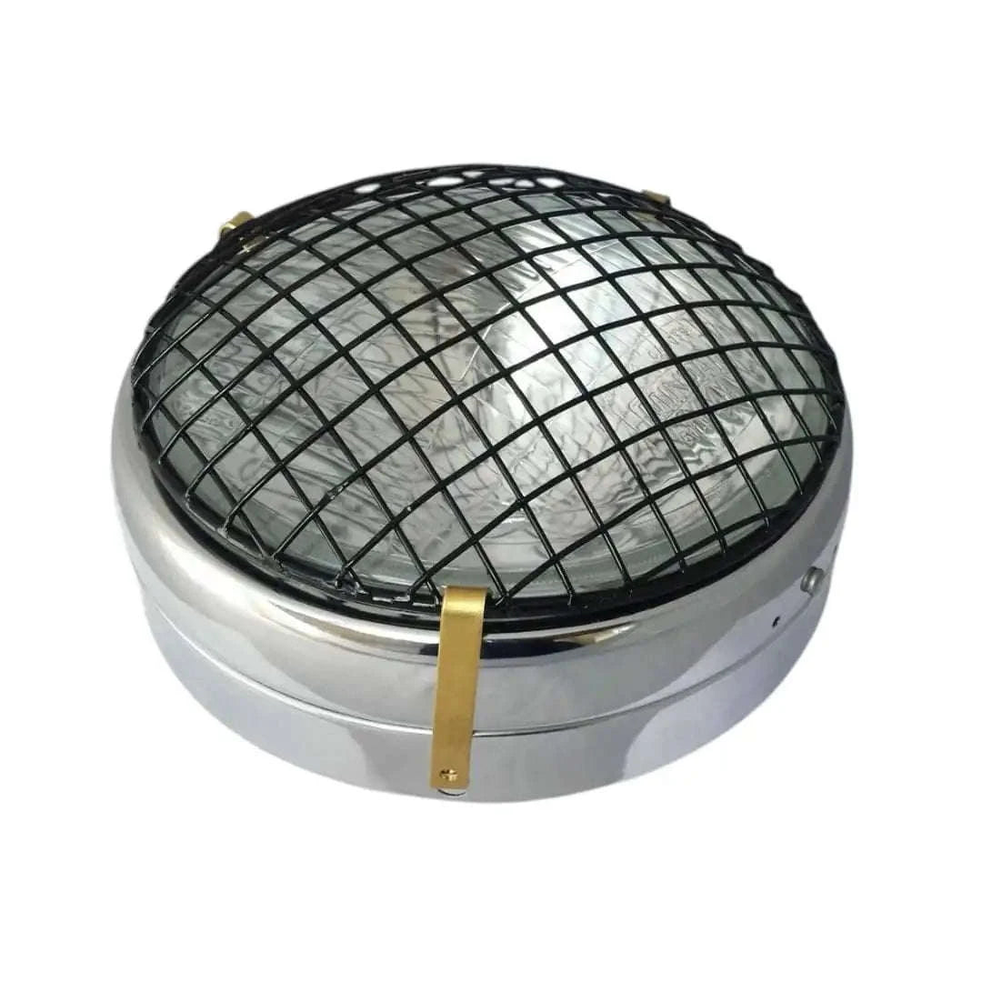 Round headlight grill, chrome metal with a black protective mesh, designed for vehicle styling and safety.