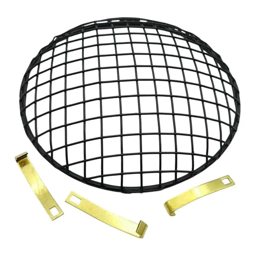 Durable black headlight grill with metal clips, ideal for protecting headlights on vehicles
