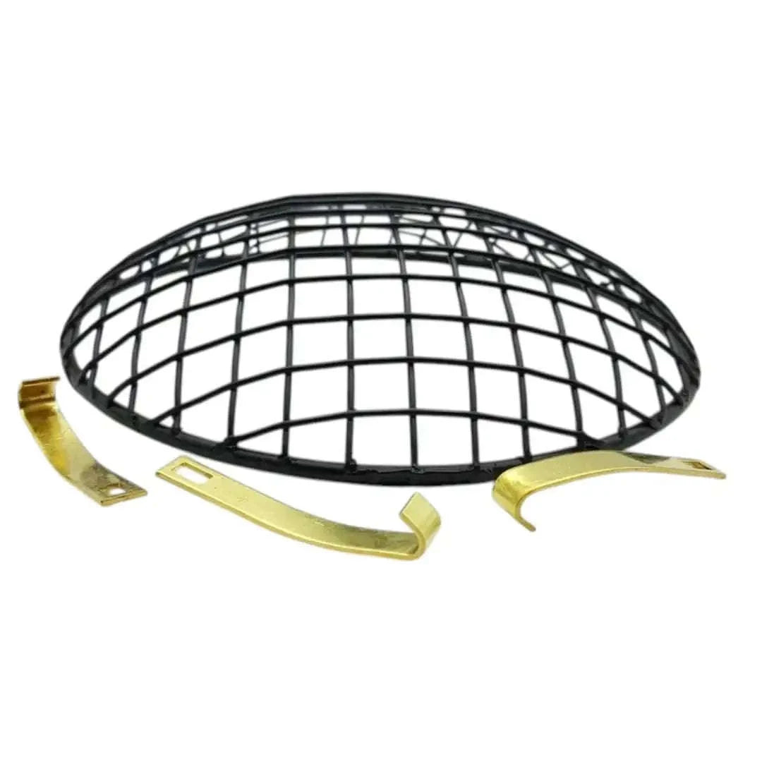 Durable metal headlight grill, black wire mesh with gold clips, for vehicle headlight protection