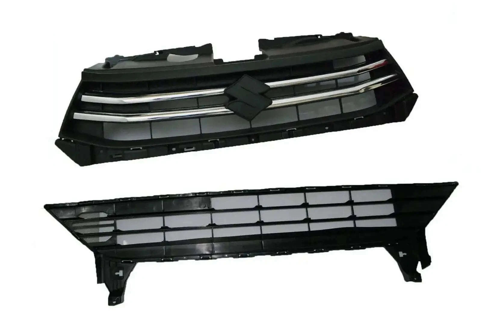 Black radiator grille panel set for Suzuki Celerio, upper and lower parts.