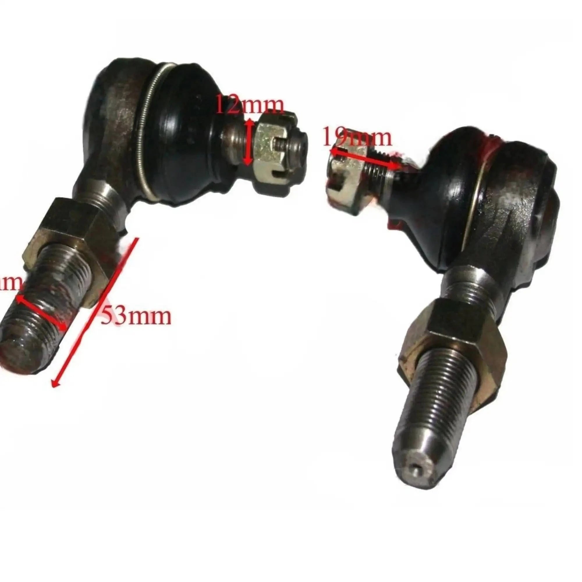 Steering tie rod end set shown with size measurements (mm) for alignment