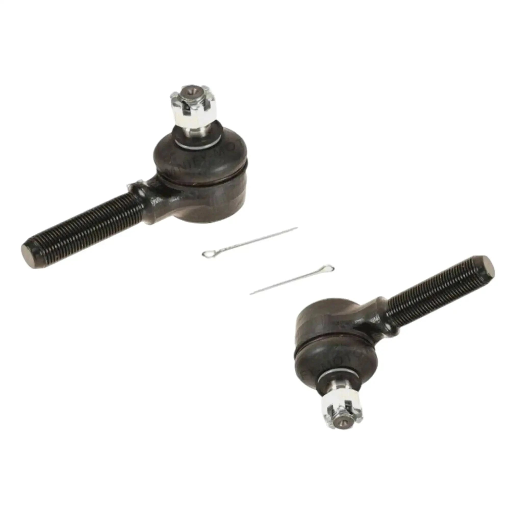 Two ball joint tie rod ends with rubber seals and threaded stems