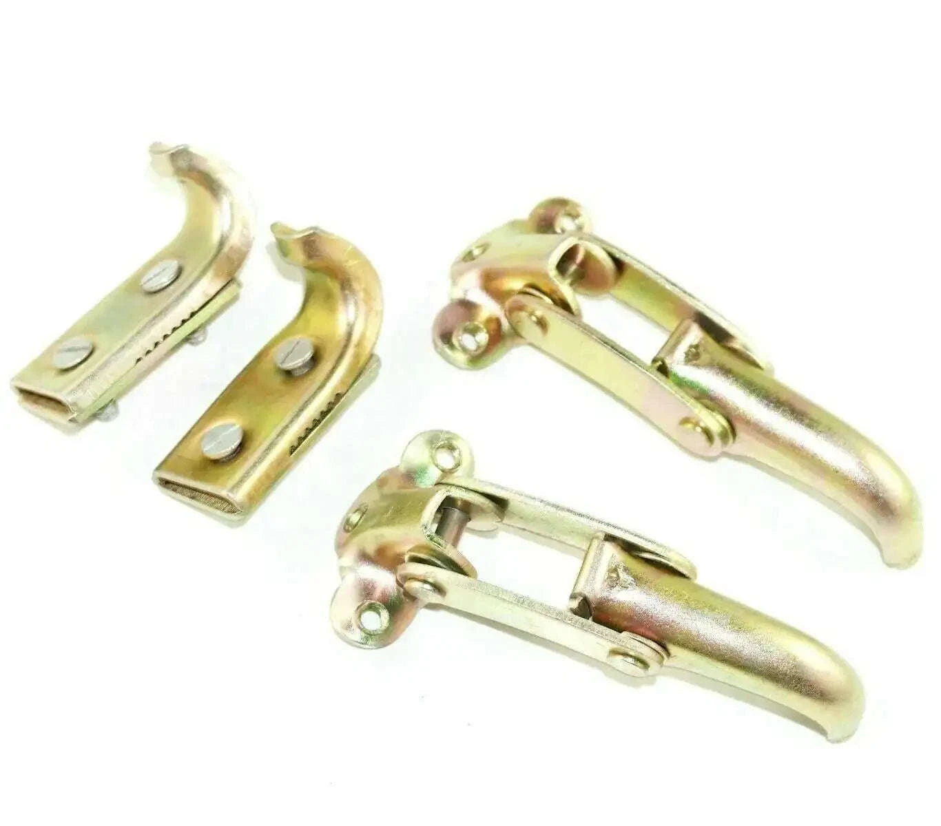Windshield latch kit with metal brackets and latch arms, gold-tone finish