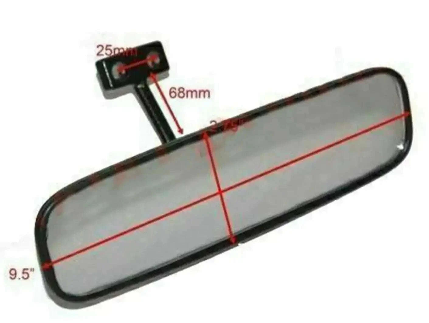 Rearview center mirror with rounded rectangular gray glass and black frame