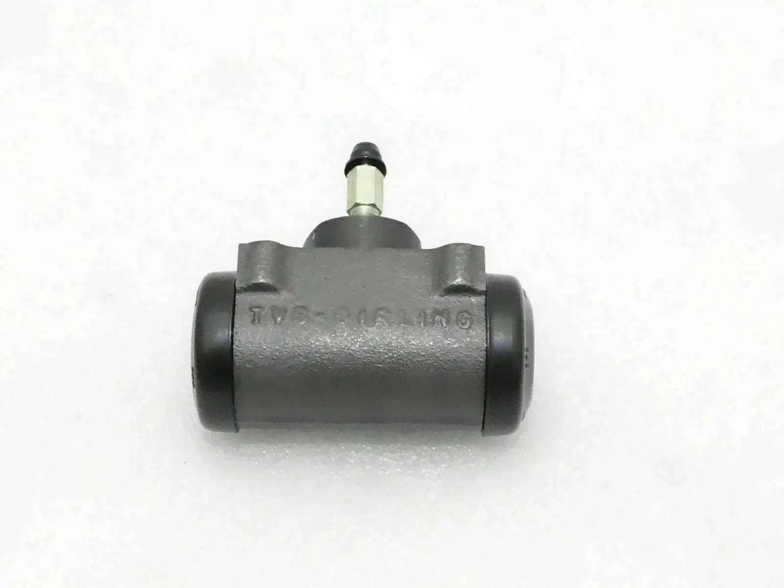 Front right wheel brake cylinder assembly with outlet port on dark metal housing