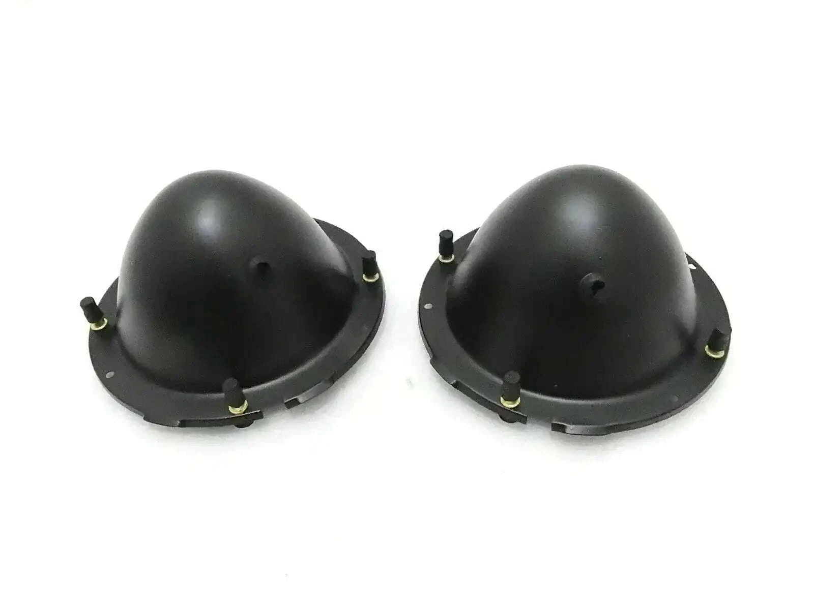 Pair of black metal headlight mounting buckets with studs and mounting brackets