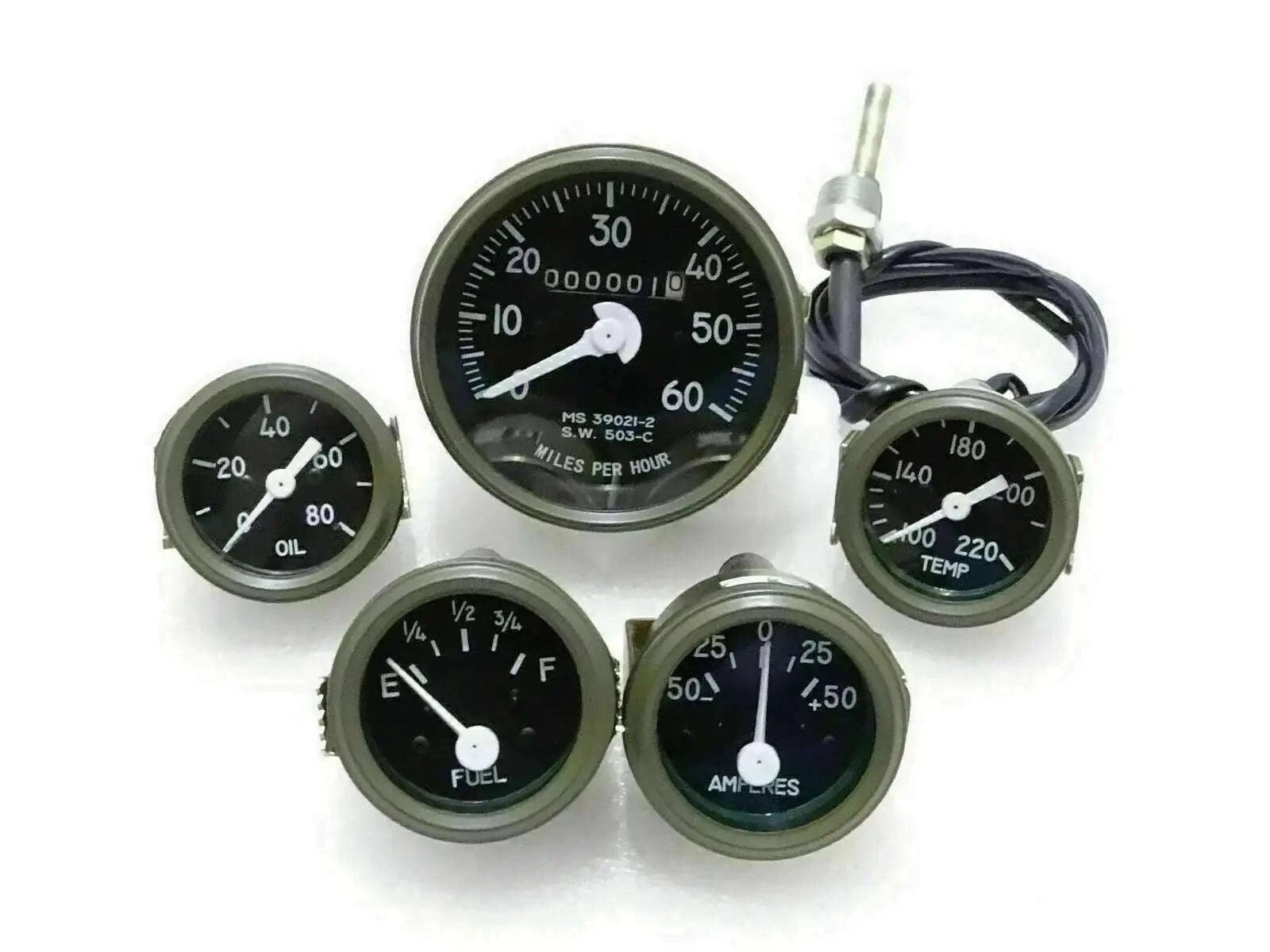 Green-bezel analog vehicle gauge set for fuel, temp, oil with wiring