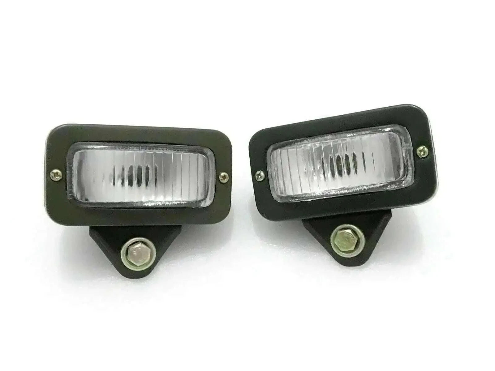 Pair of military parking lights, dark green housings, clear rectangular lenses