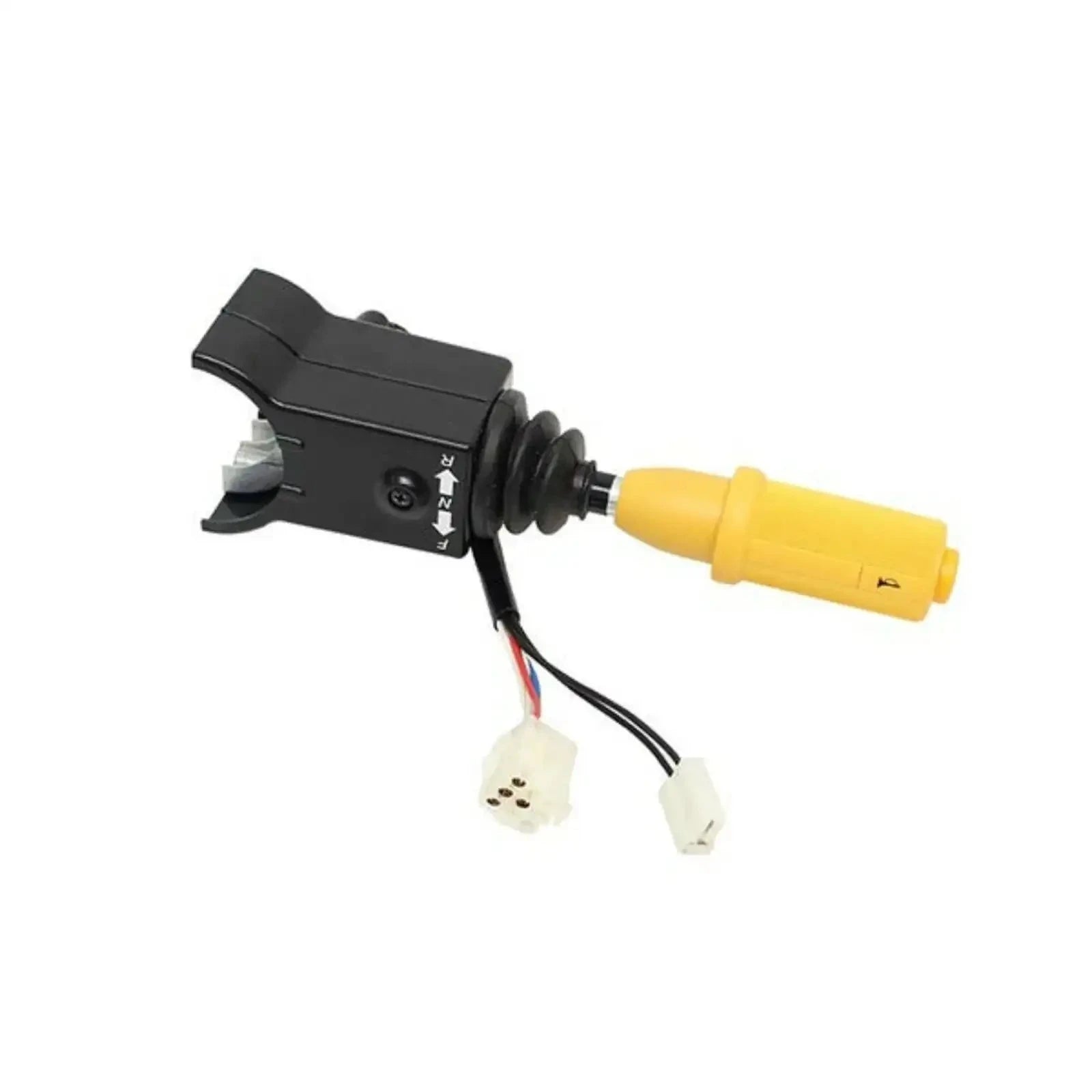 Backhoe forward and reverse switch with black body, yellow connector and wiring plugs