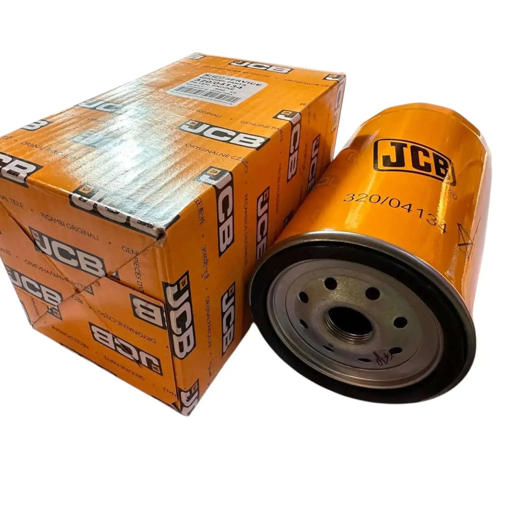 JCB oil filter canister next to branded orange box packaging
