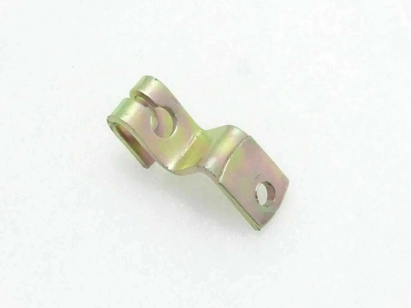 Metal throttle control lever bracket with two mounting holes, yellow-gold finish