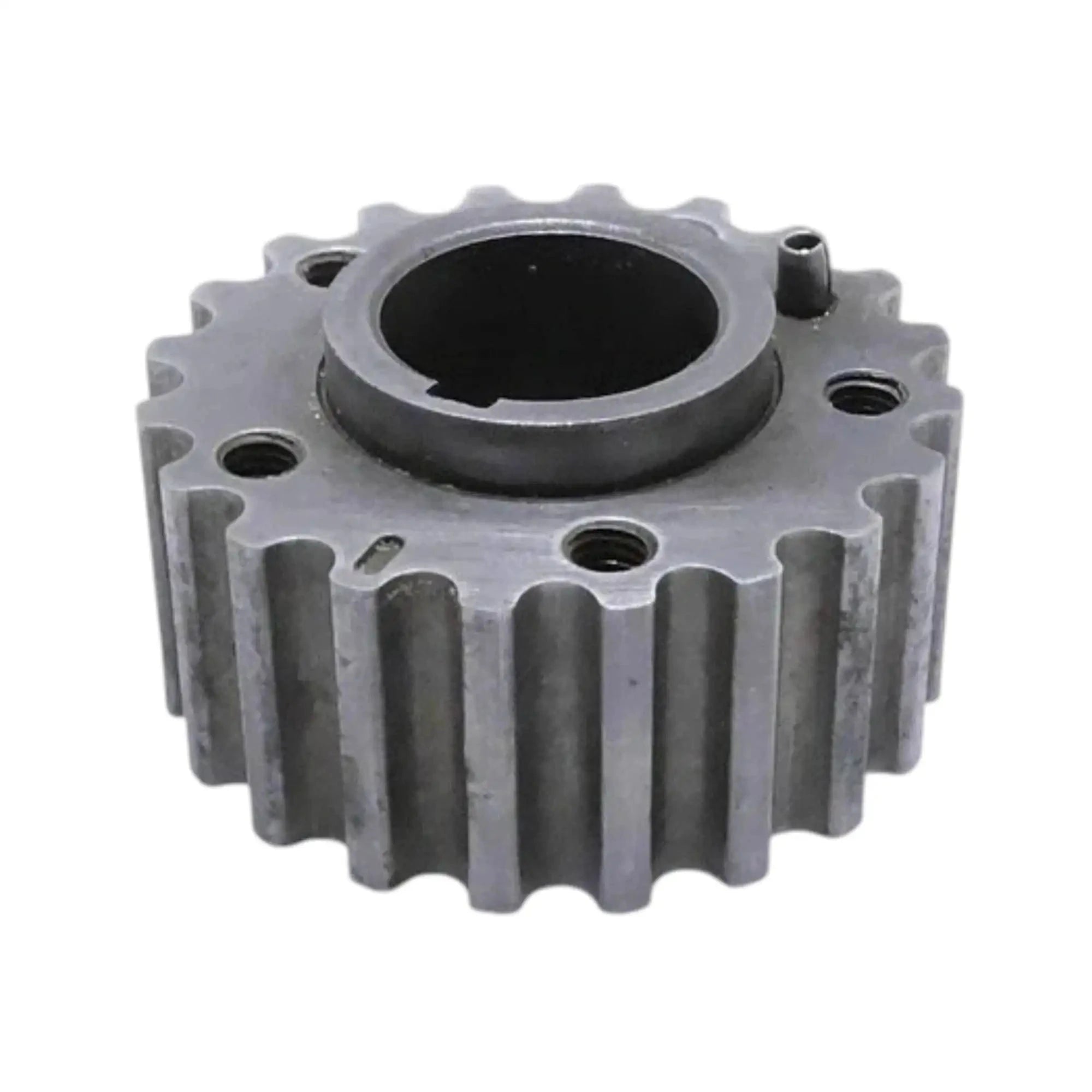 Metal timing gear sprocket with recessed center opening and evenly spaced holes