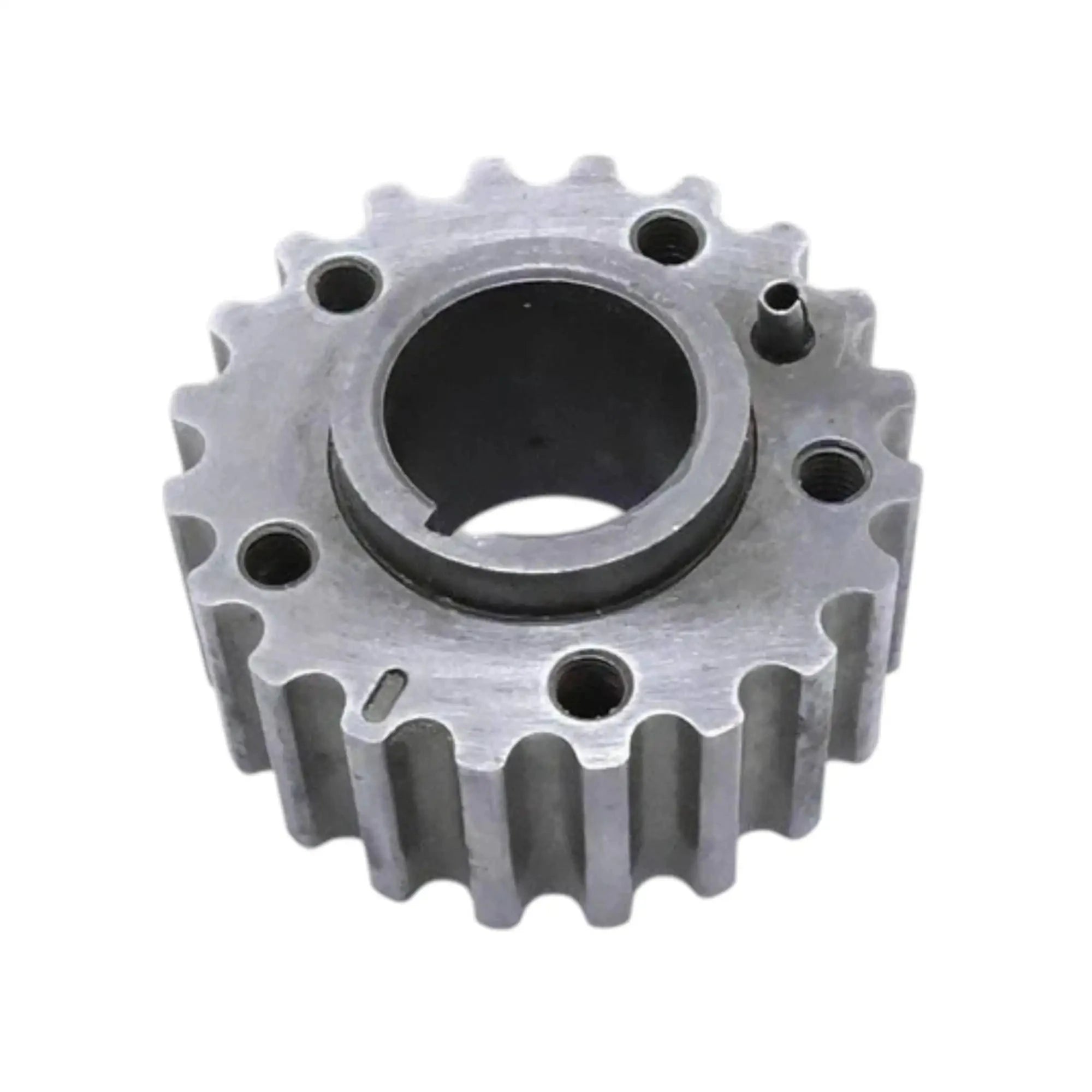 Metal timing gear sprocket with beveled ring, inner bore, and bolt holes