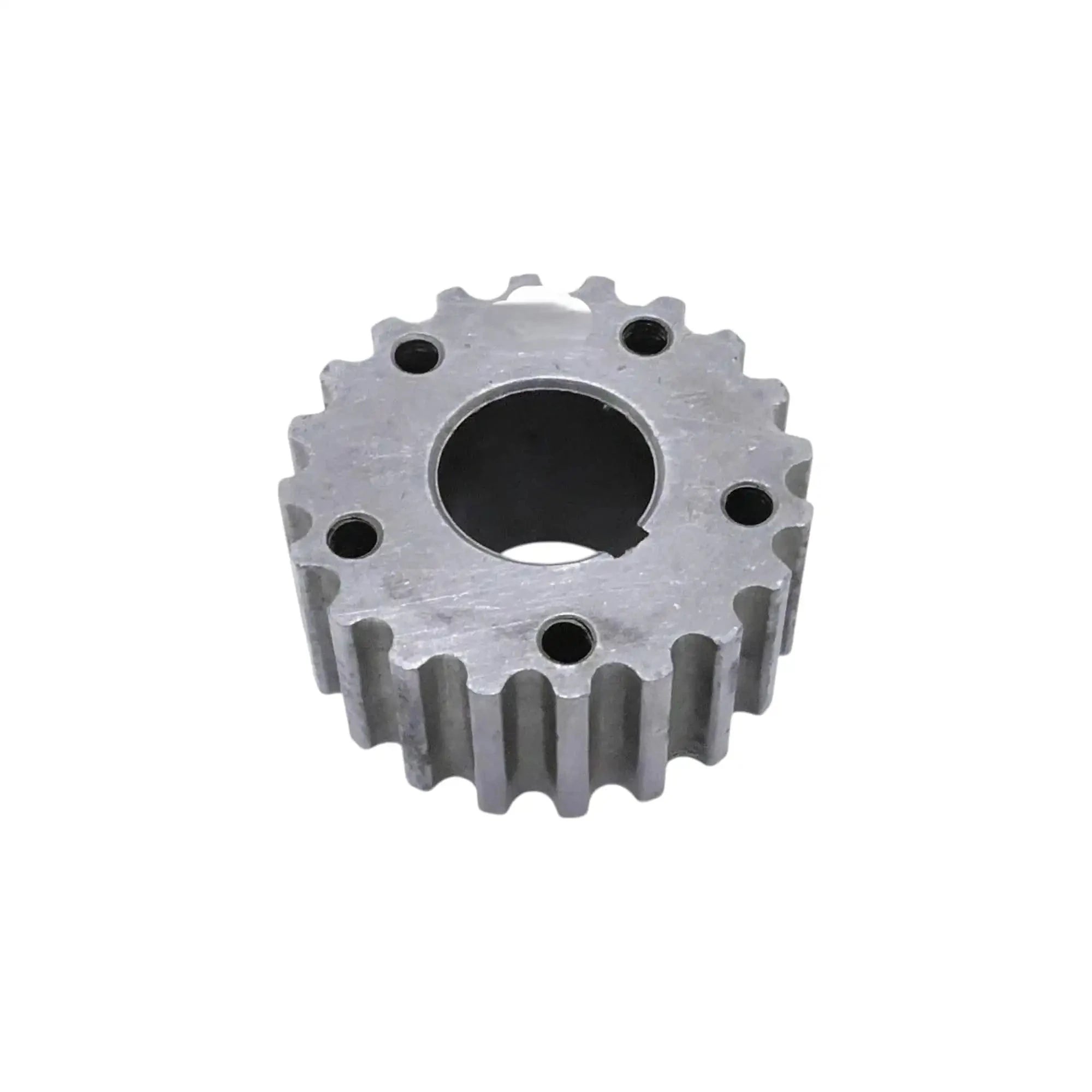 Metal timing gear sprocket with central bore and outer teeth, single piece
