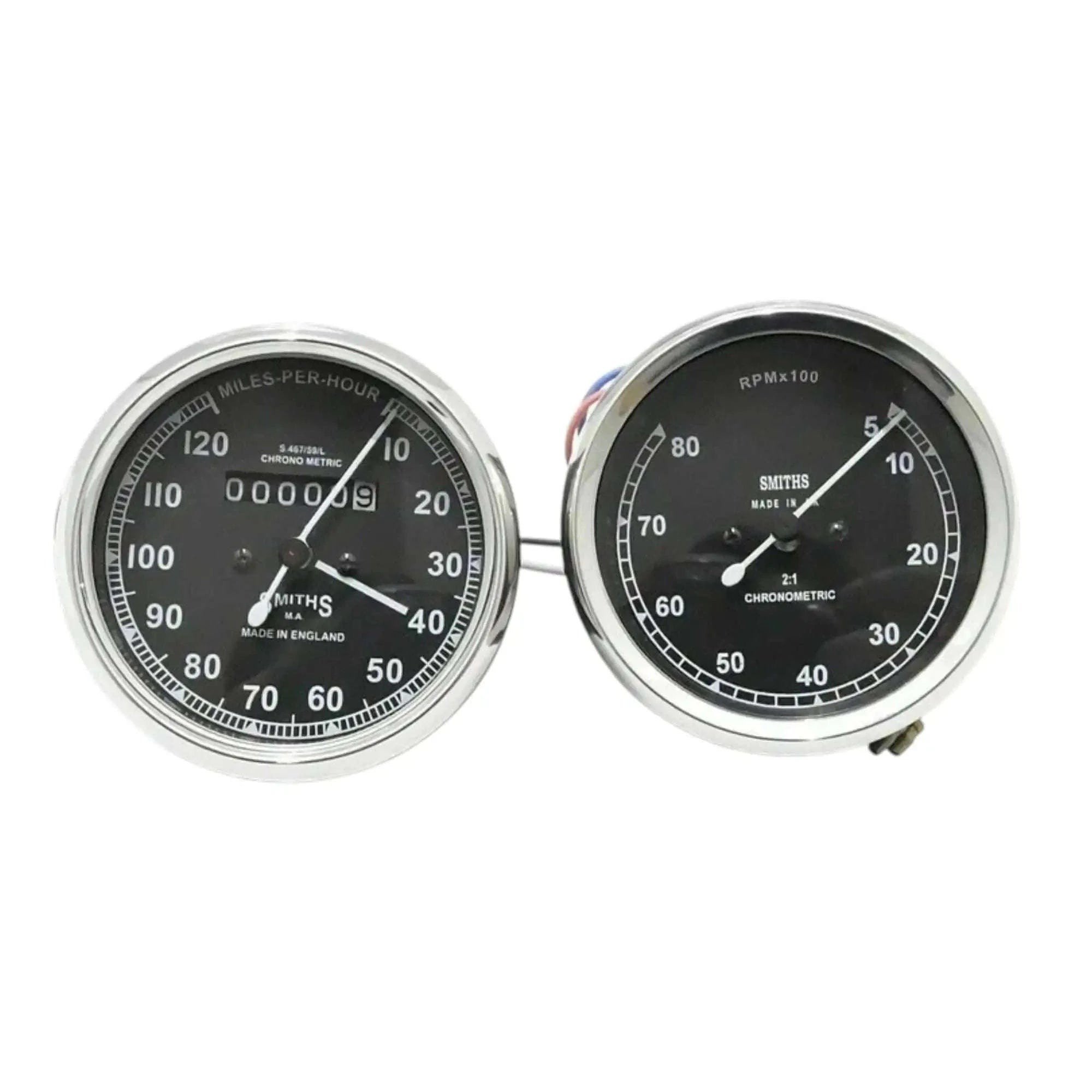 Speedometer gauge pair, black dial faces, mph and tach scales with needles