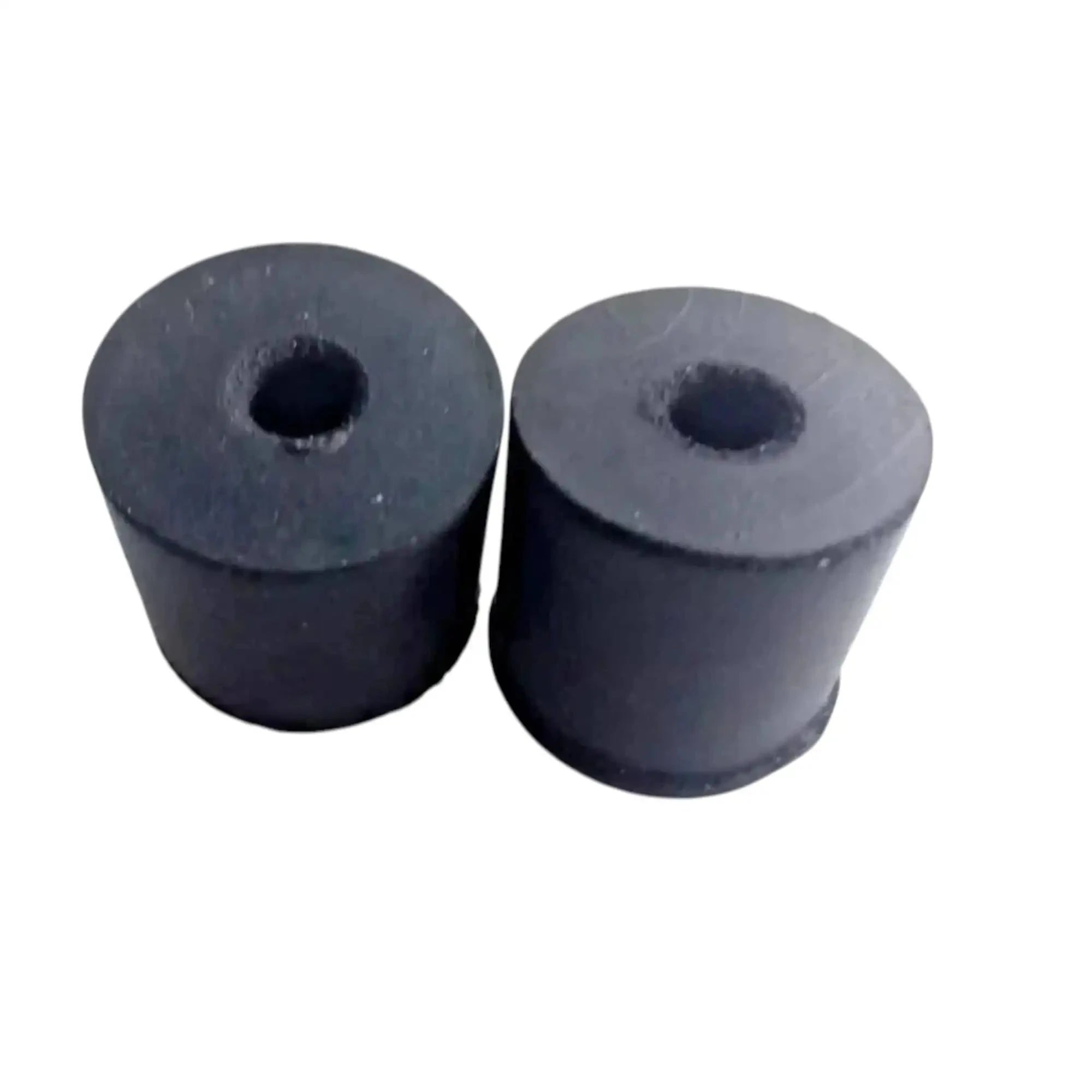Two rubber grommets with round holes, dark black finish