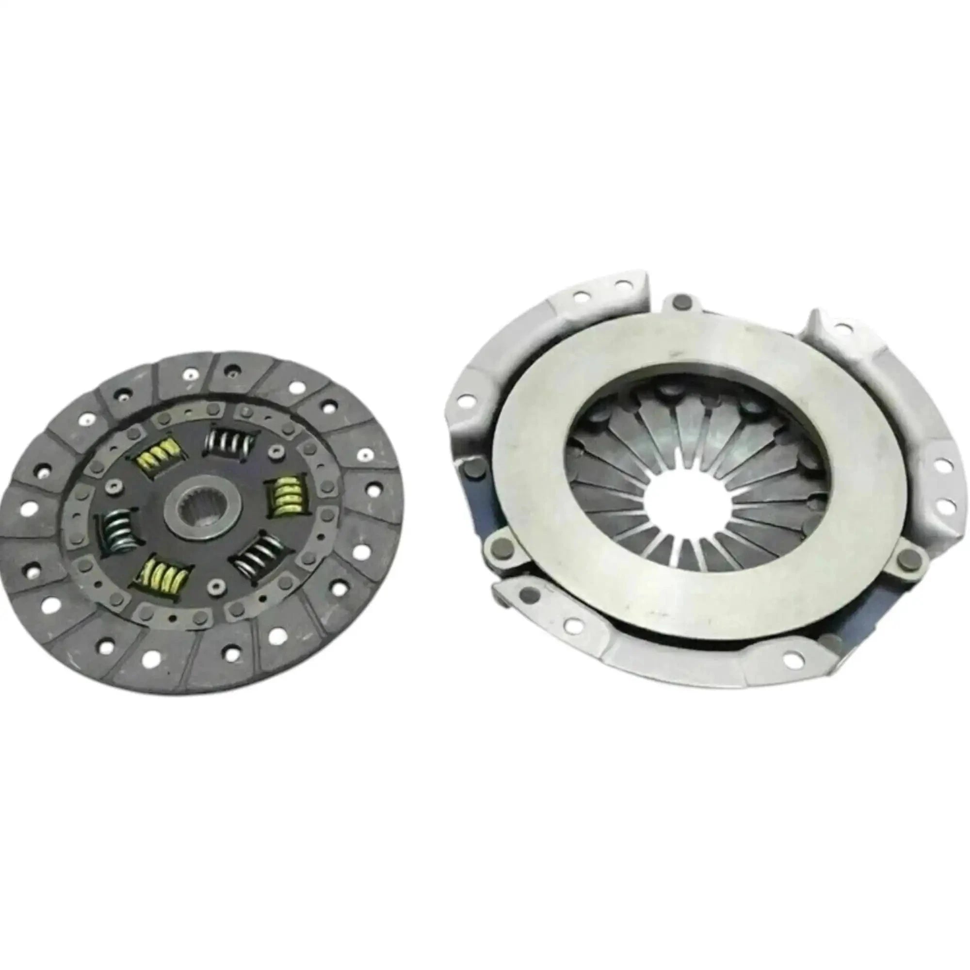 Clutch disc and pressure plate, dark disc with yellow spring accents and silver cover