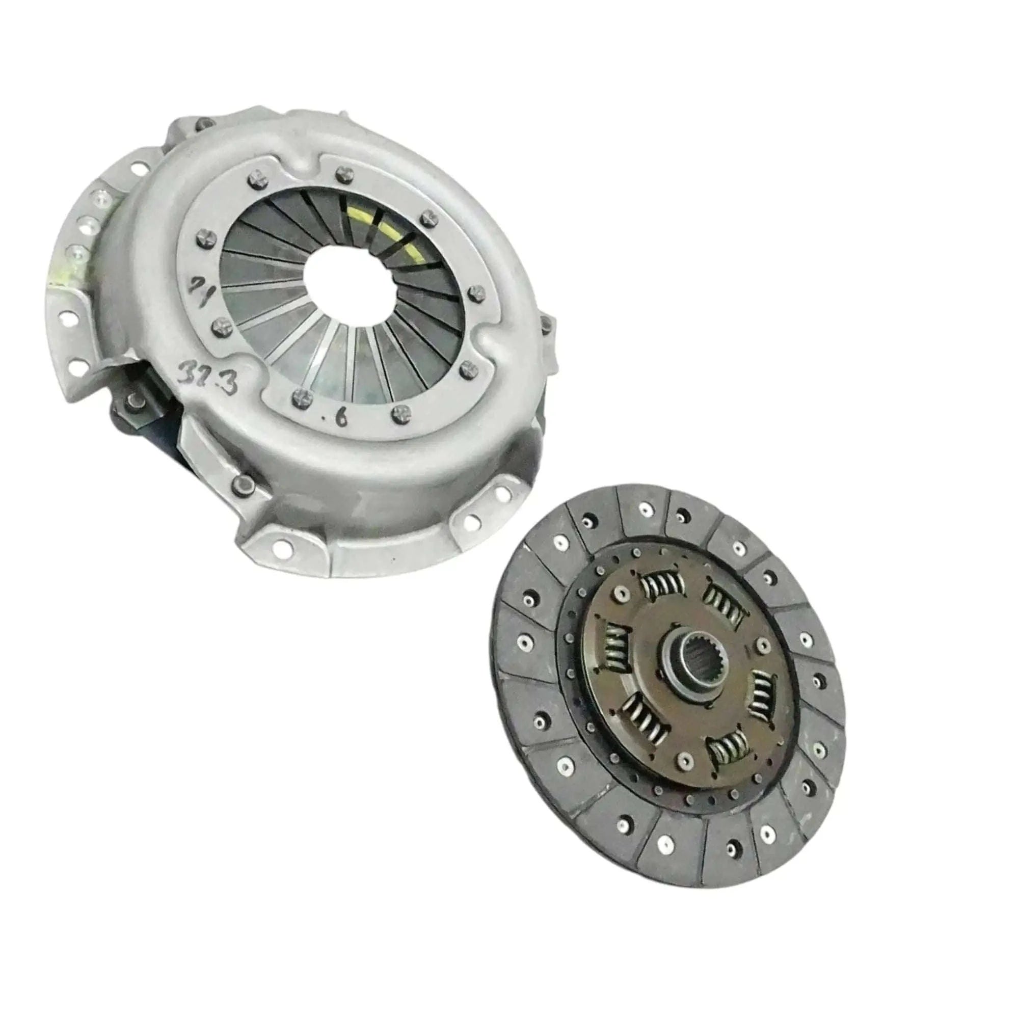 Clutch disc and pressure plate, angled view of silver cover and dark disc