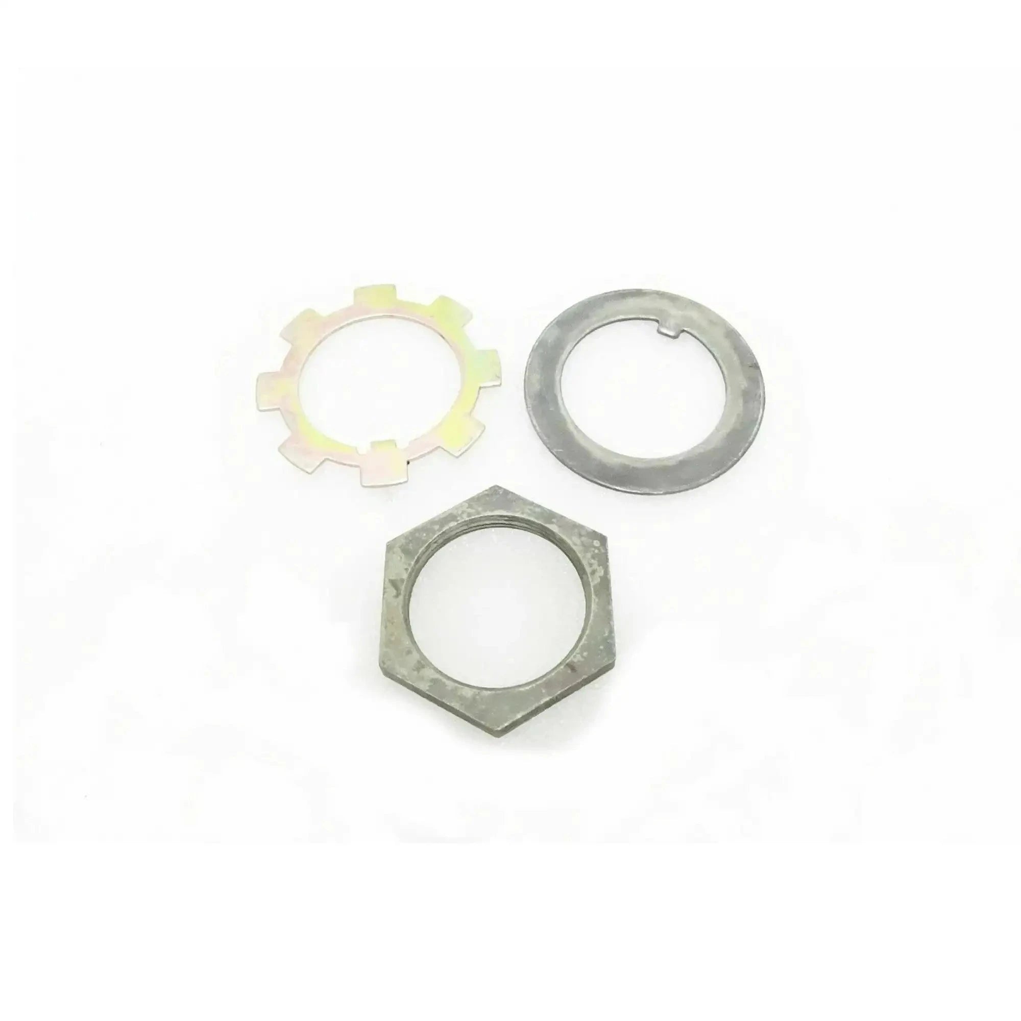 Metal lock washer and nut set with toothed disc, split ring washer, and hex nut
