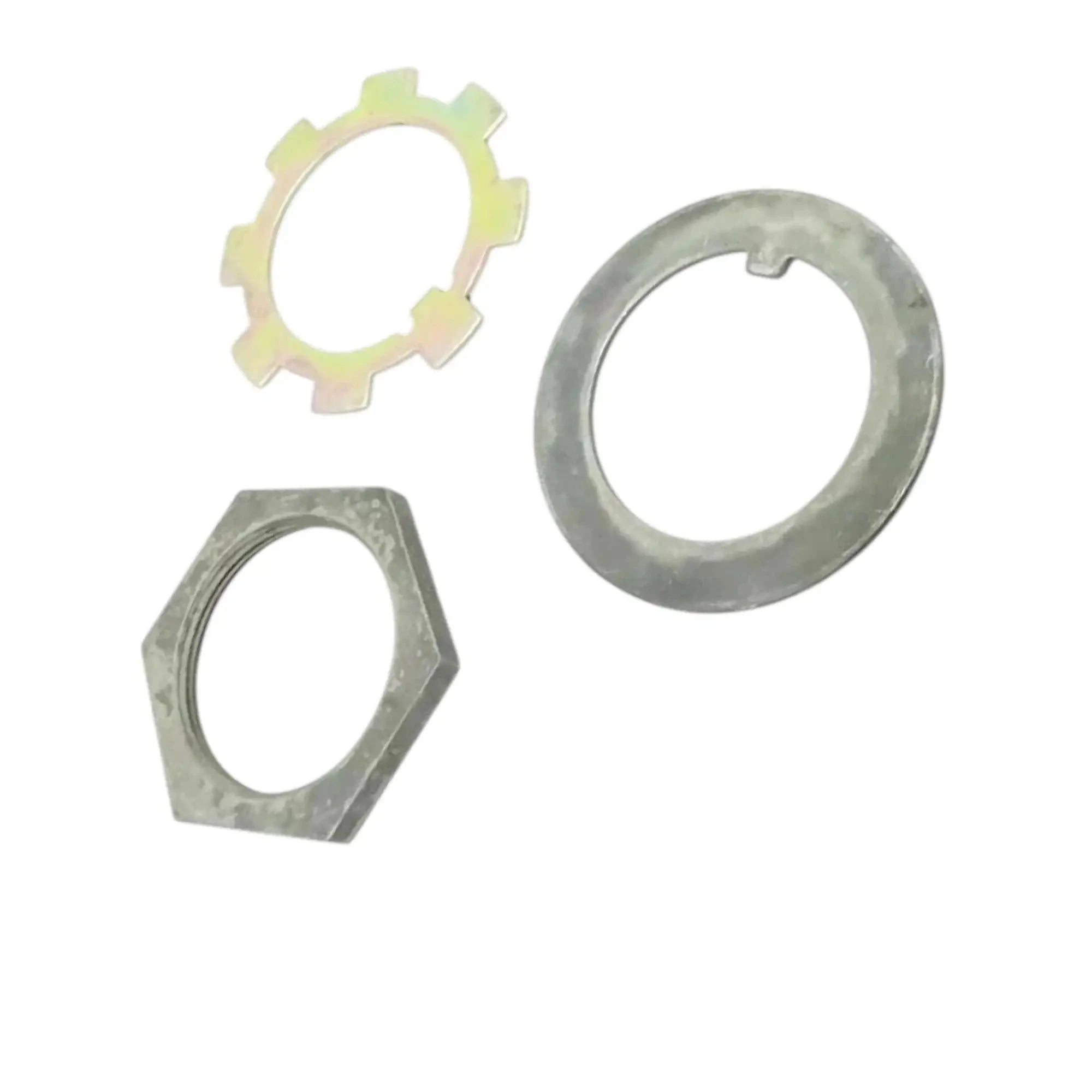 Metal nut and lock washers: toothed washer, split ring washer, and hex nut