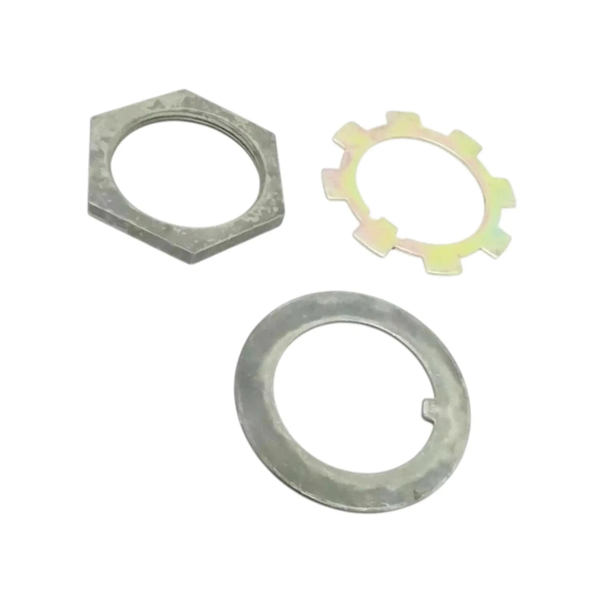 Metal nut and lock washer set with hex nut, toothed washer, and split ring washer