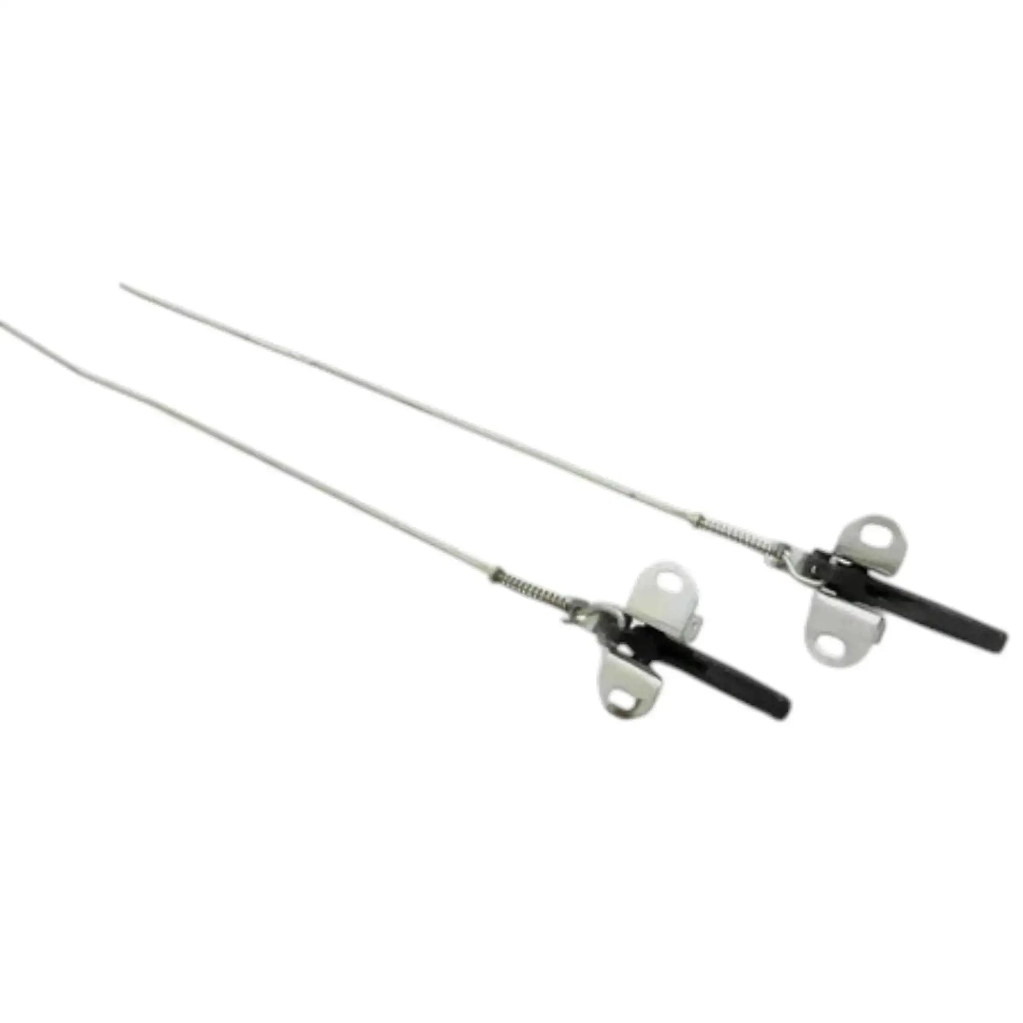 Interior door latch assembly pair with black pull levers and metal rods