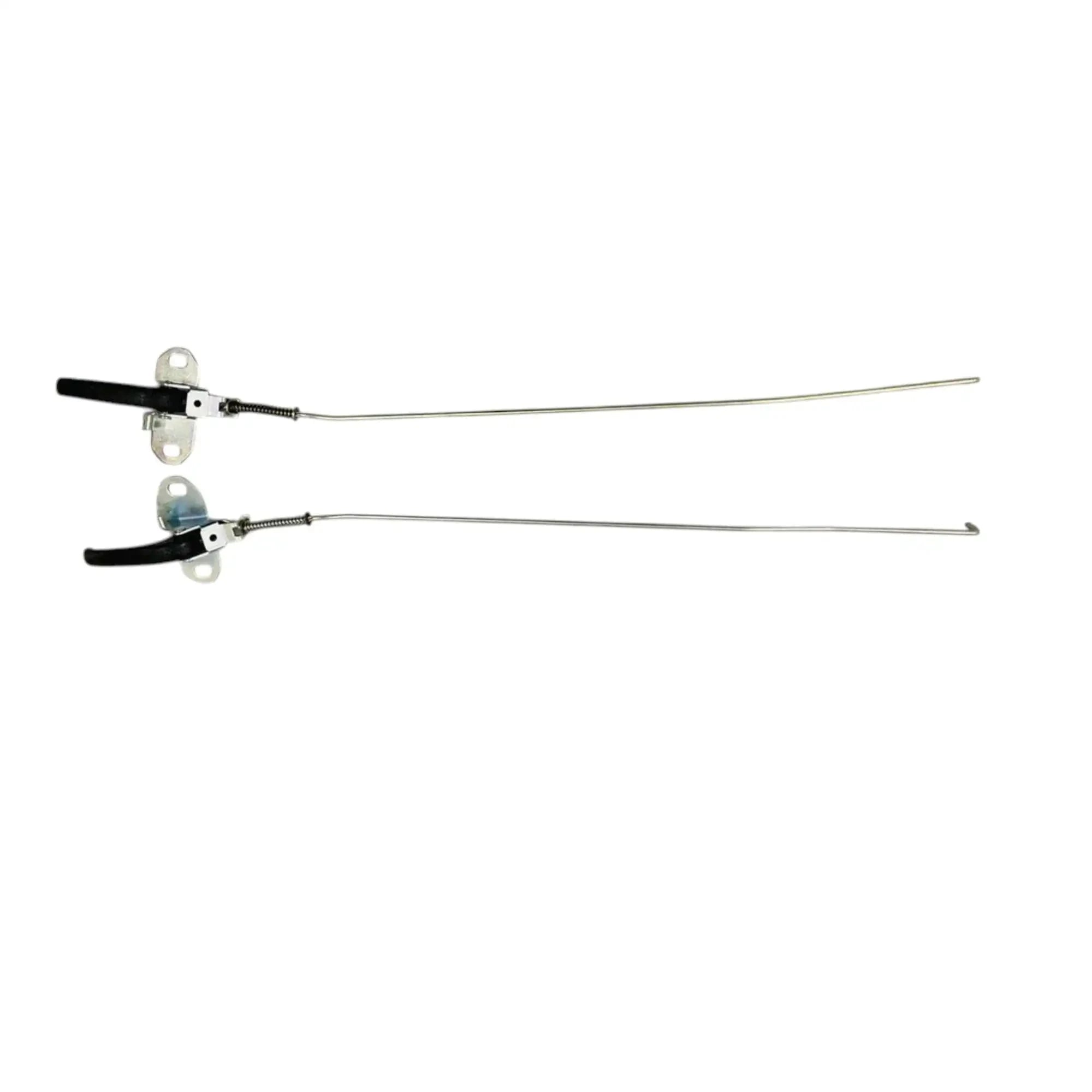 Interior door latch assembly pair with black levers and silver mounting brackets