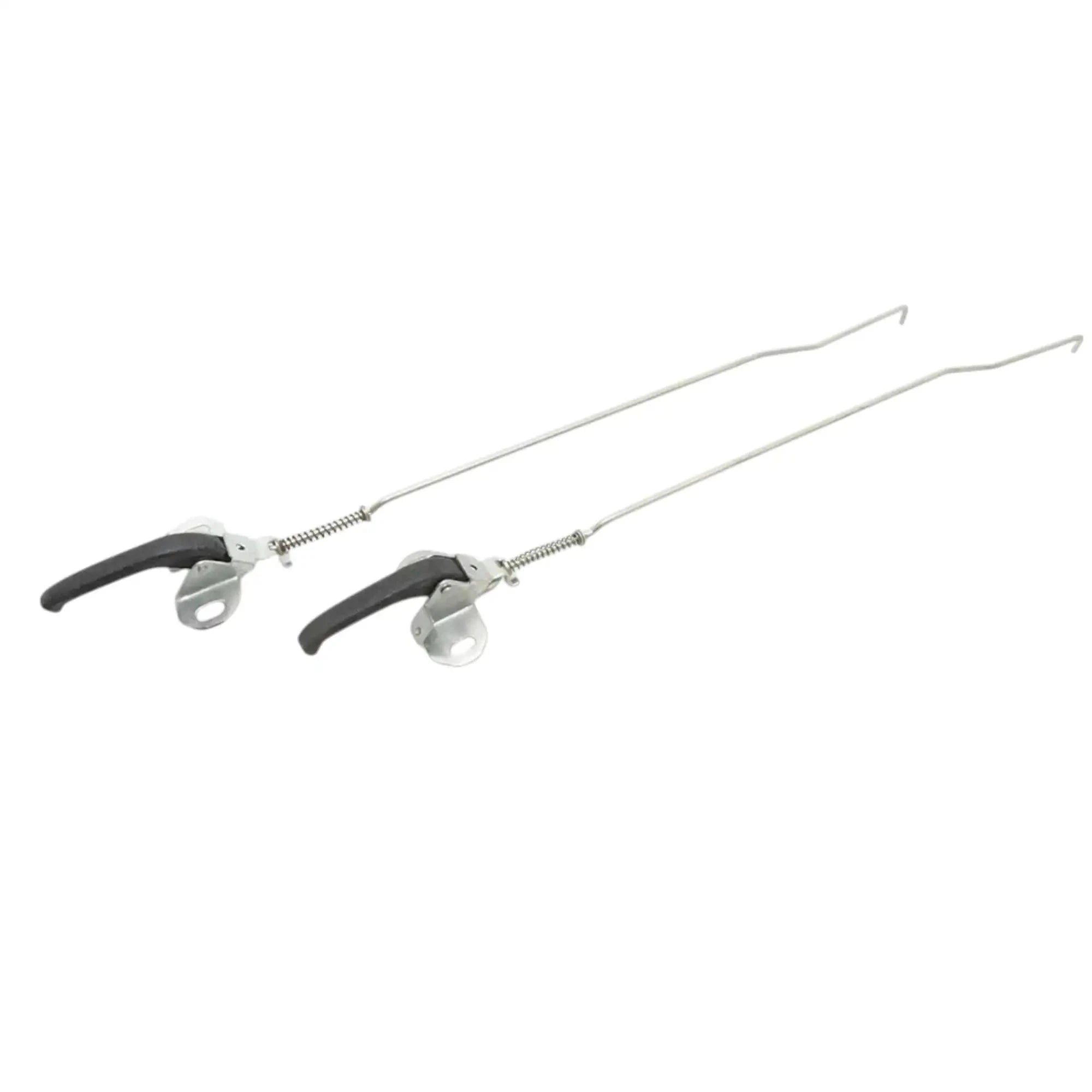 Interior door latch assembly pair with black handle levers and long metal rods
