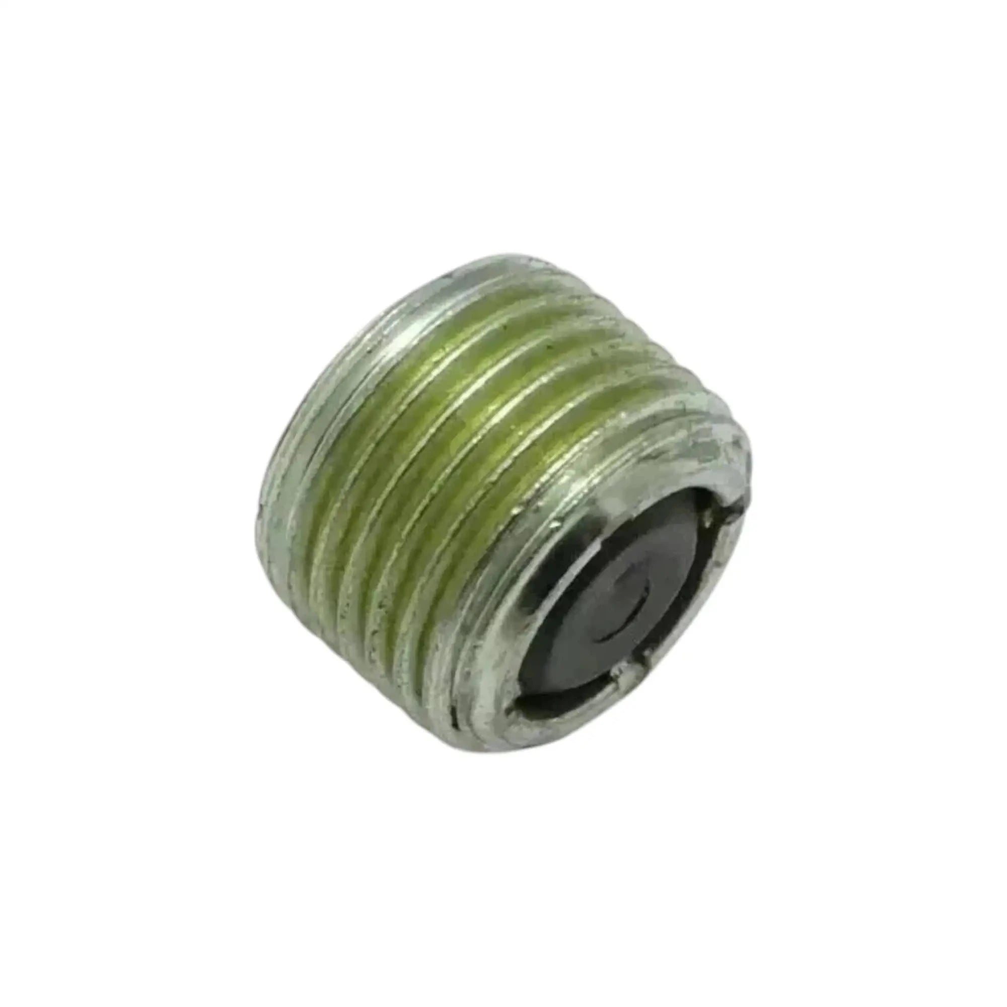 Oil drain plug with green-tinted threads and dark hex opening, silver rim