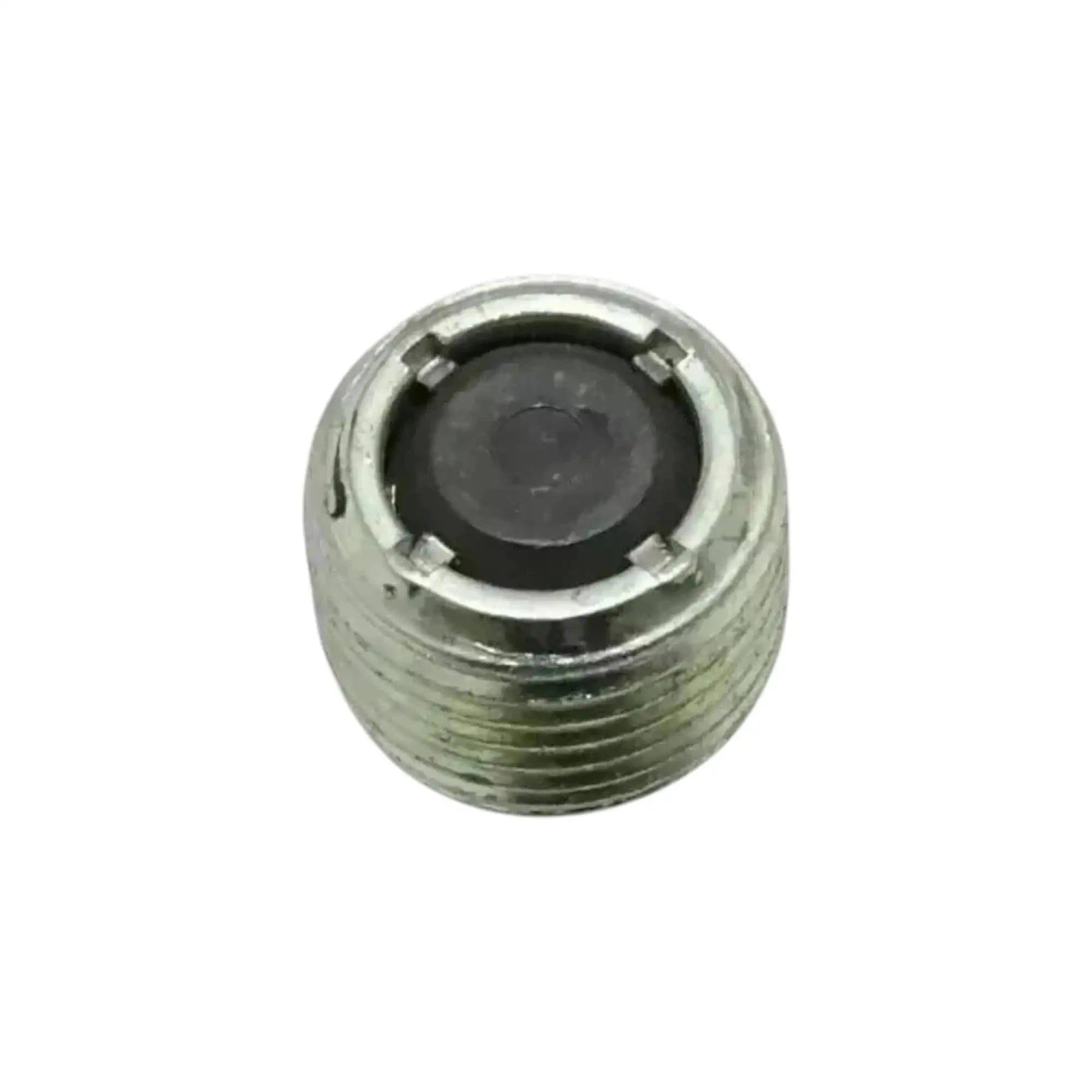 Oil drain plug with black sealing surface, hex drive opening, metal threads