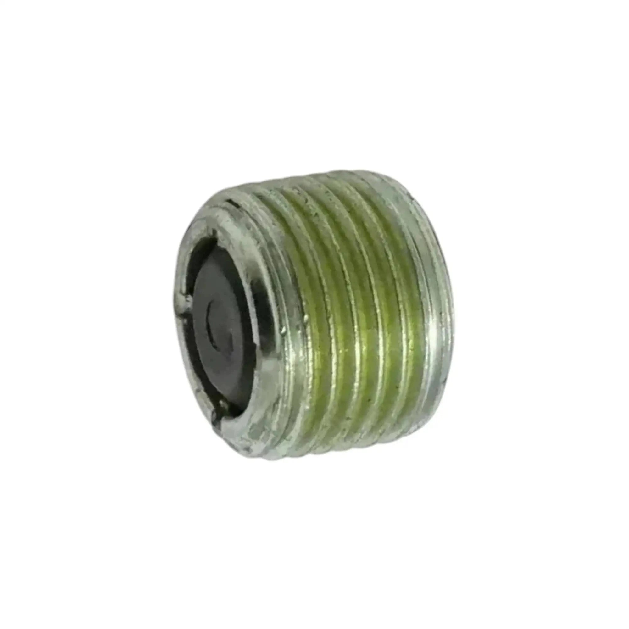 Oil drain plug with green-tinted threads and dark internal hex drive