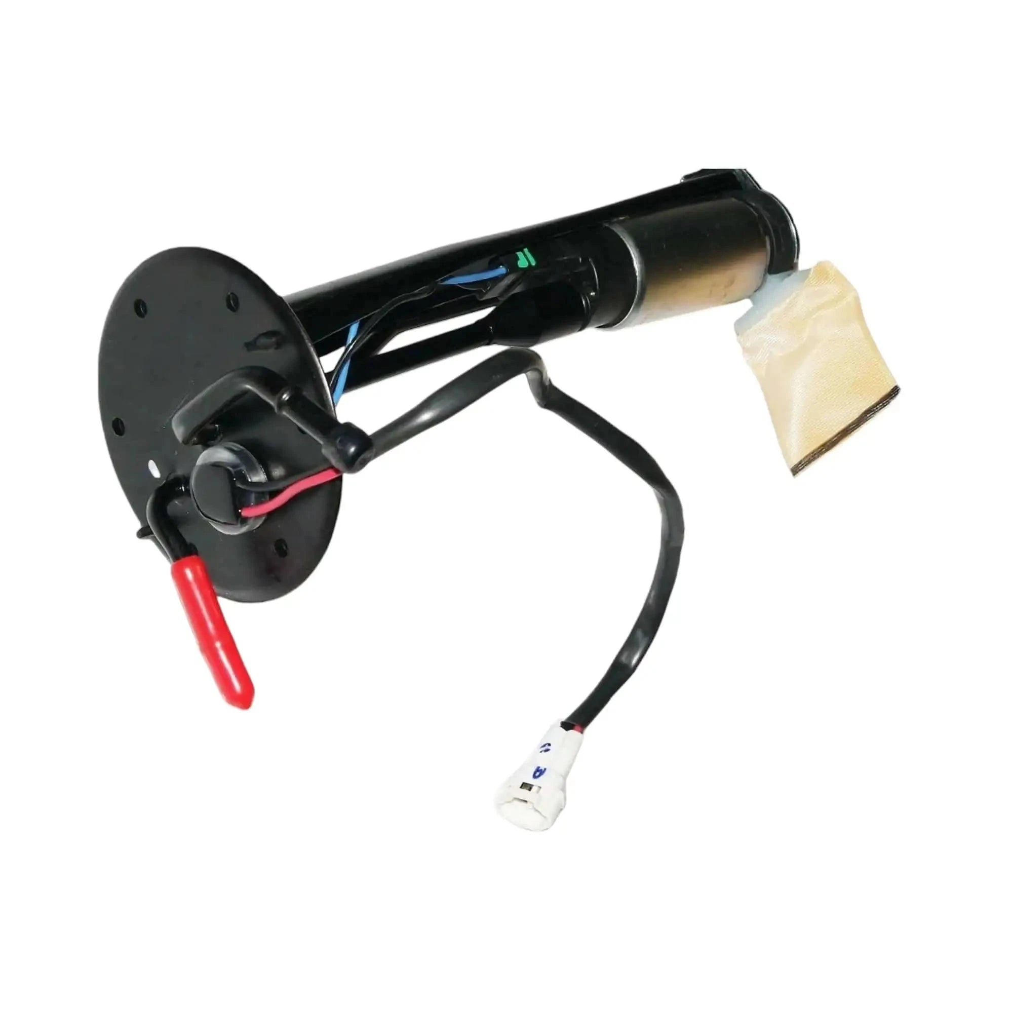 Fuel pump sender assembly with black flange, red lead, blue wire stripe, and beige sleeve