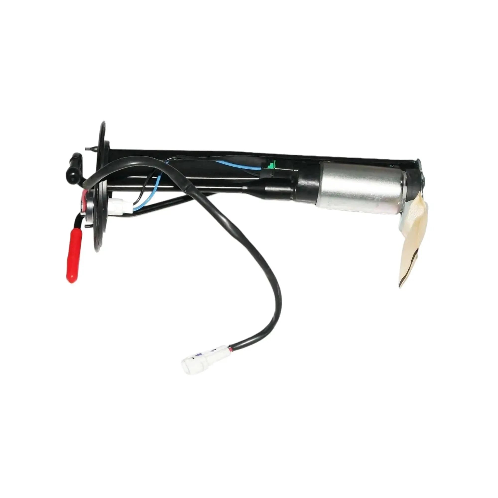 Fuel pump sender assembly with black flange, red wire, metal housing, and beige sleeve