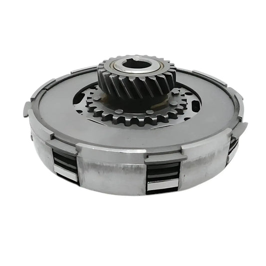 Metal clutch assembly with gear cogs and spring plates