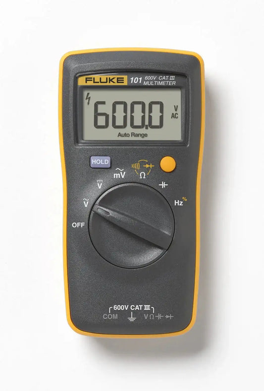 FLUKE 101 digital multimeter with LCD reading 6000, orange and black handheld device