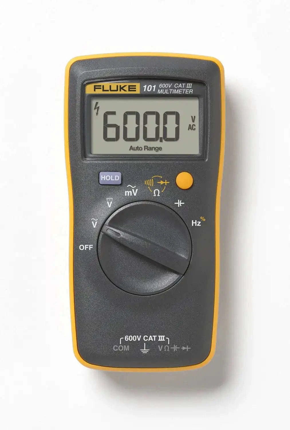 FLUKE 101 digital multimeter with LCD reading 6000, orange and black handheld device